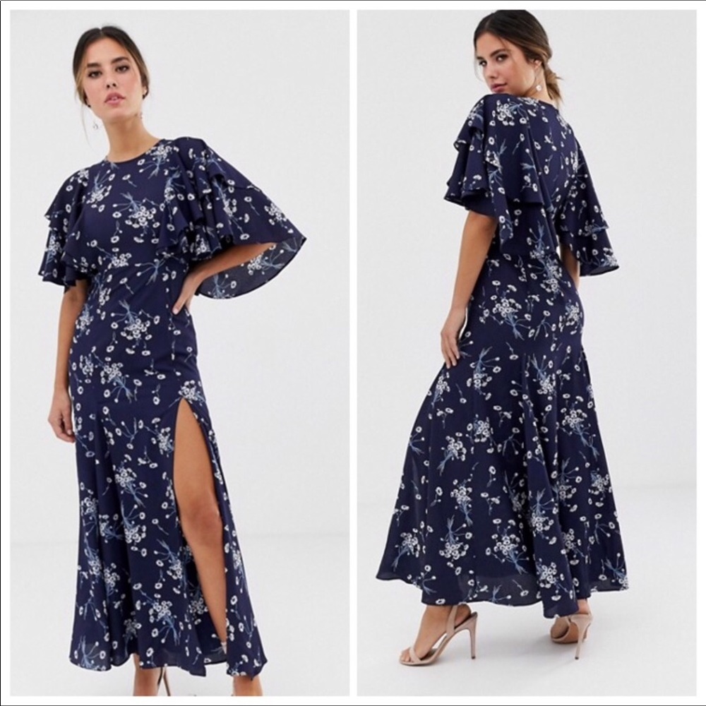 Floral Print Flowy Maxi Dress w/High Leg Slit